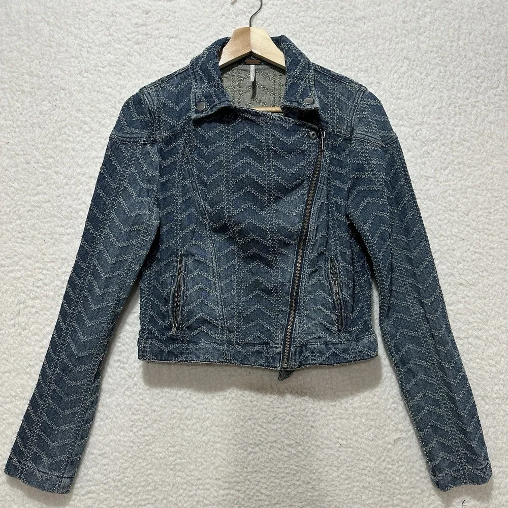 Free People Punched Denim Moto Jacket Herringbone Blue Jean Biker Women's Size 4 - Picture 1 of 14